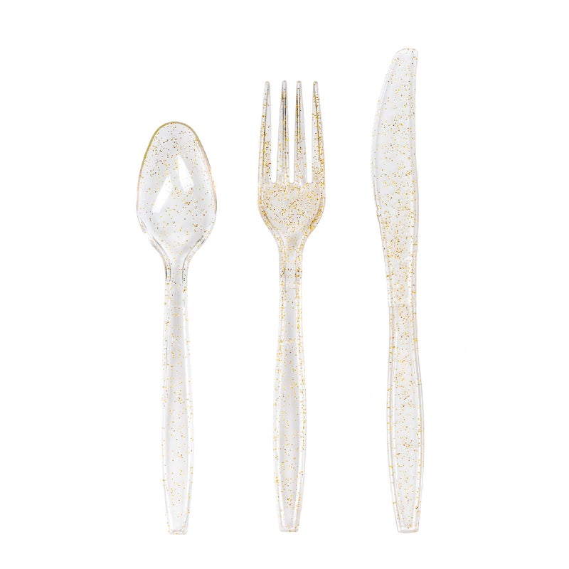 MATANA 300 Gold Glitter Plastic Silverware Set 100 Spoons 100 Knives 100 Forks, Heavy Duty Clear Plastic Cutlery Set Party Utensils for Wedding Receptions, Birthday Parties, Banquet & Catering - Image 1